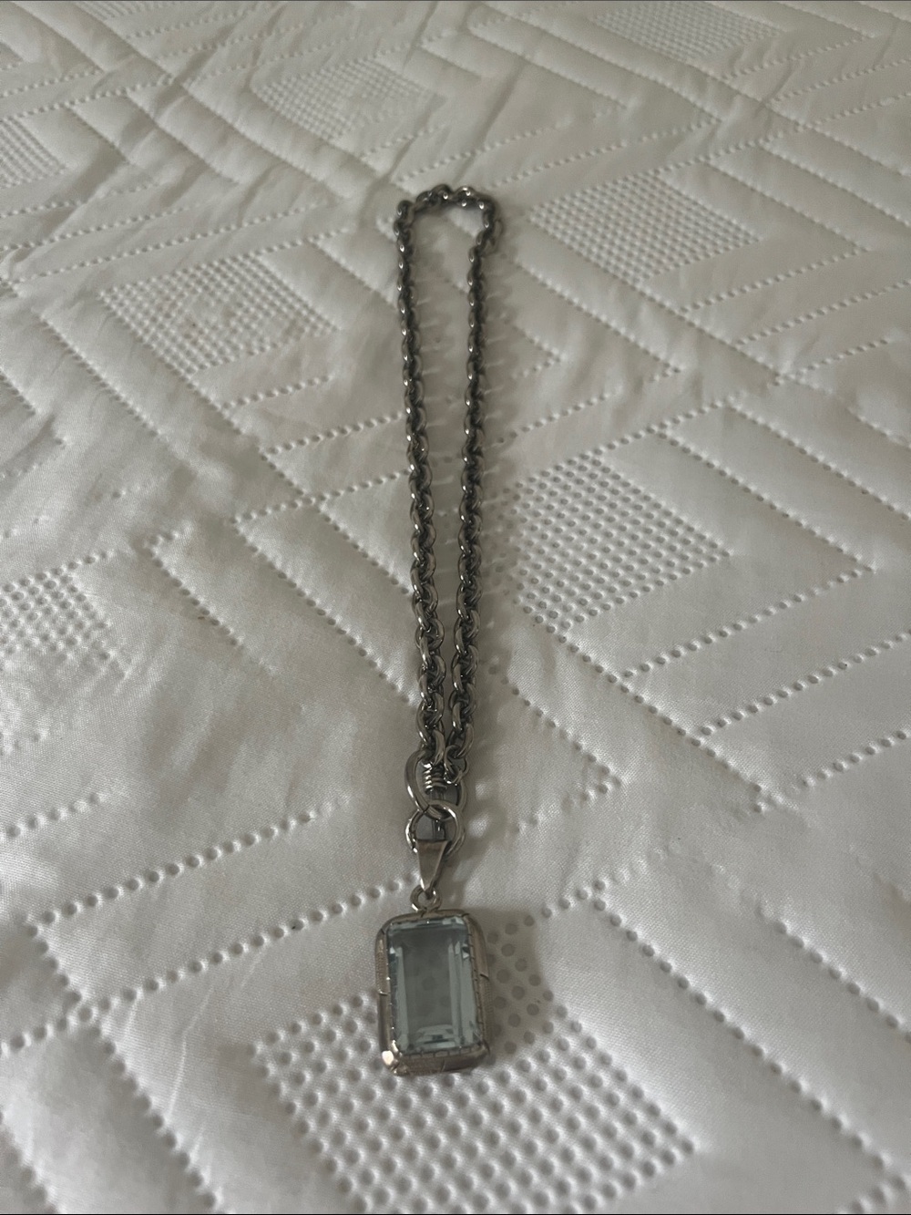 Silver Chain Necklace with Light Blue Rectangular Pendant
